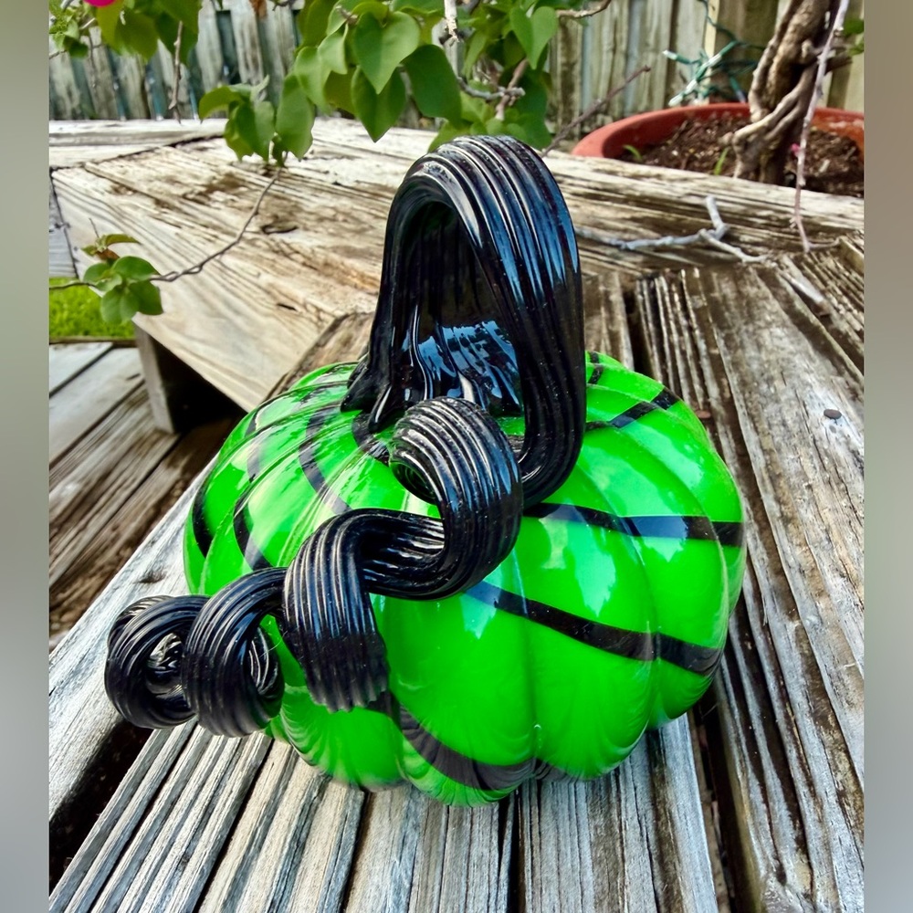 Handblown Green Glass Striped WICKED Pumpkin ART glass with Black Swirl Stem